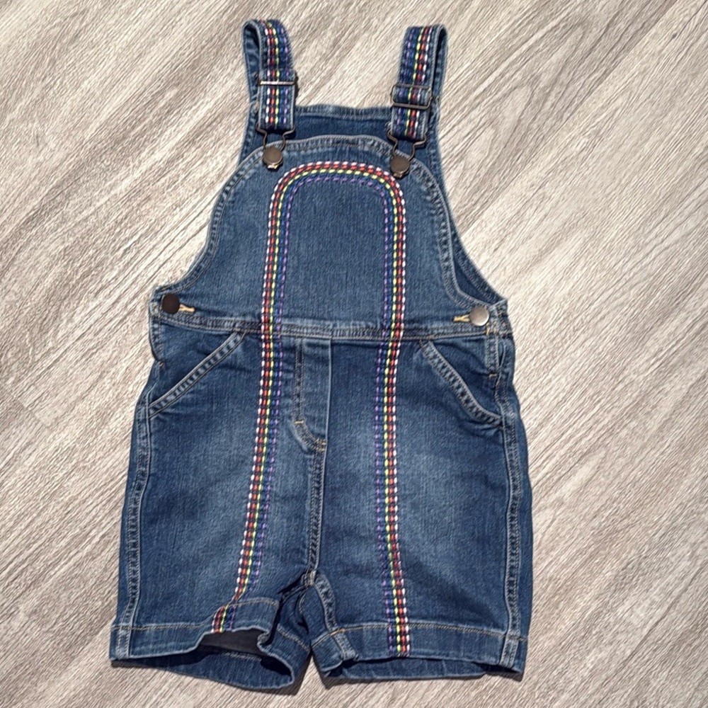 Hanna Anderson Kids Denim Overalls with Rainbow Stitching